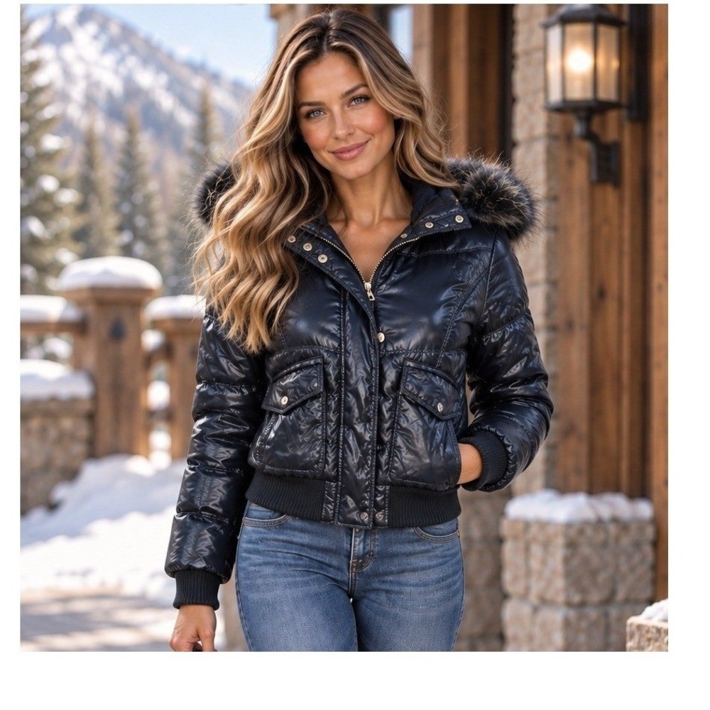 MIGAINO Shiny Cropped Puffer Jacket Faux Fur Hood Y2K Navy Size 38